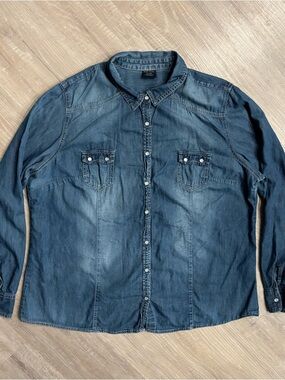 Faded Glory Women’s XXL Chambray Denim Shirt Pearl Snap Cowgirl Western Rodeo